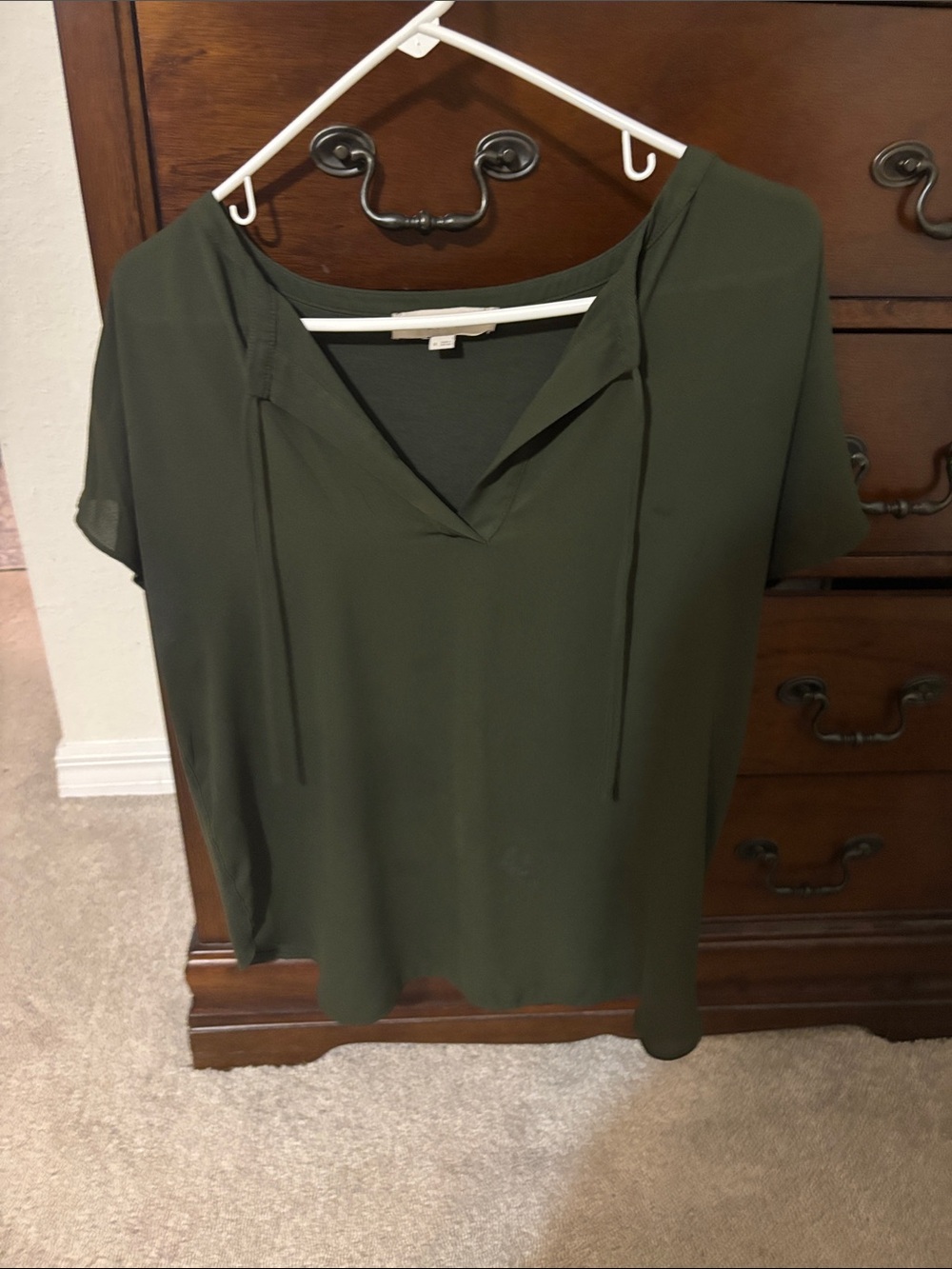 LOFT Olive Green V-Neck Short Sleeve Tunic with Drawstring
